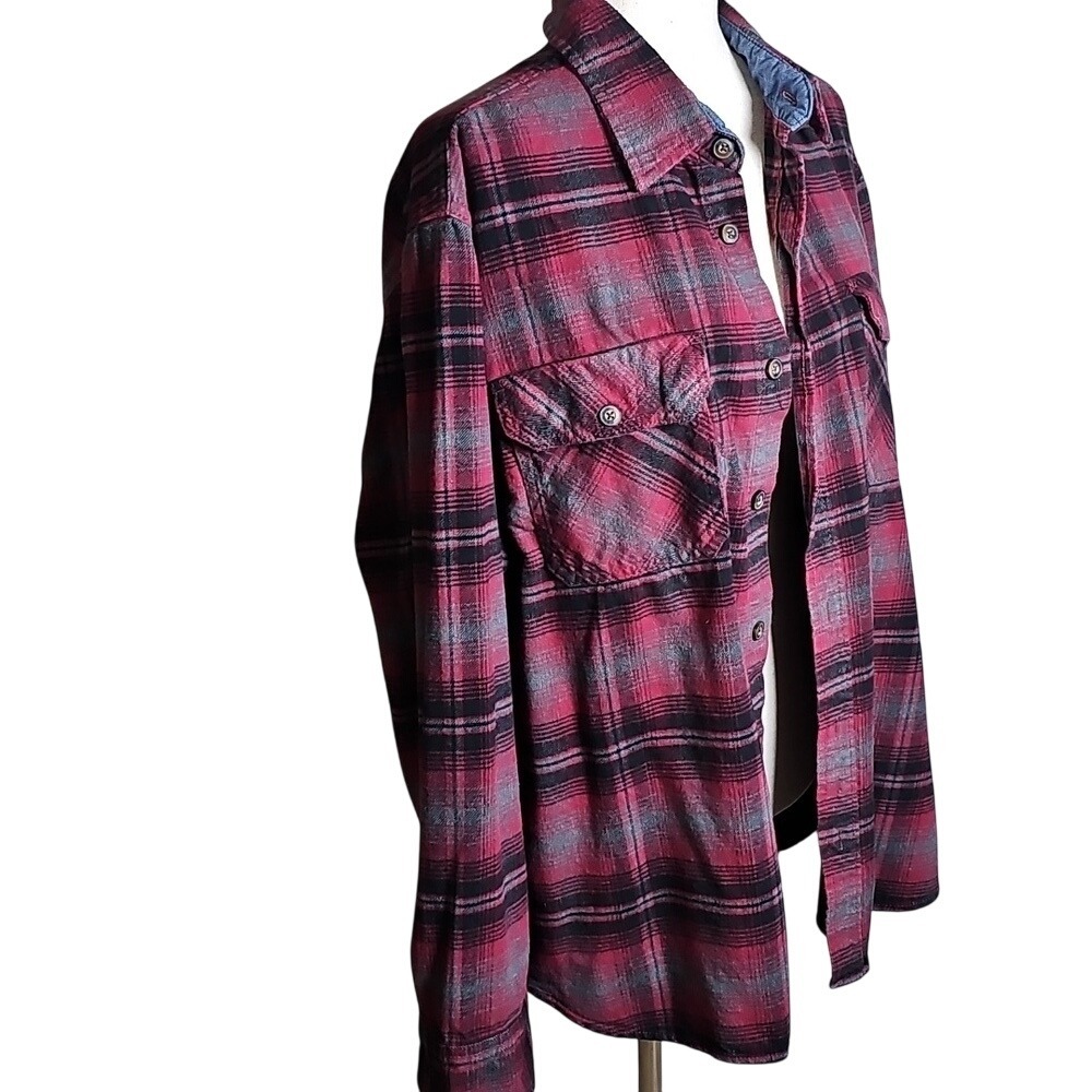 Jach's Mfg 100% Cotton Plaid Flannel Button-Up Shirt Denim Collar Large